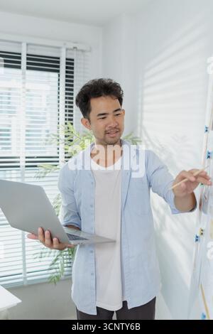 Un designer creativo lavora sulla pianificazione UX/UI, analizzando schizzi e prototipi su una lavagna mentre si utilizza un laptop. Il processo mostra il pensiero progettuale Foto Stock