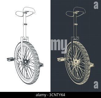 Disegni isometrici monocicli illustrazioni vettoriali stilizzate Illustrazione Vettoriale