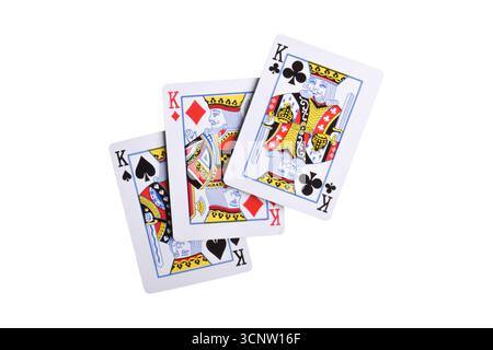Set di tre carte da gioco King isolate su sfondo bianco Foto Stock