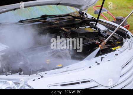 Il personale addetto alla manutenzione pulisce il motore dell'auto con un'idropulitrice che produce vapore Foto Stock