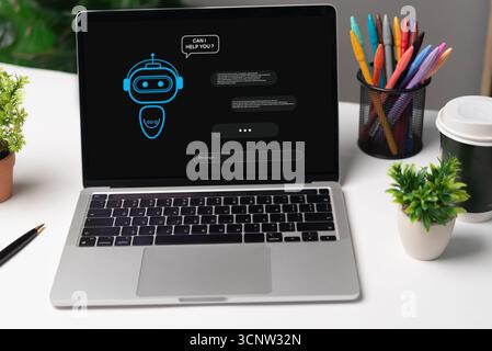 Tecnologia di intelligenza artificiale che consente ai robot di aiutare con richieste di scrittura di contenuti o gestione delle informazioni attraverso conversazioni in chat Foto Stock