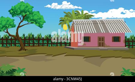 Affascinante casa rosa immersa nel lussureggiante verde tropicale, perfetta per blog di viaggio, libri per bambini o per creare un'atmosfera vivace e allegra Illustrazione Vettoriale