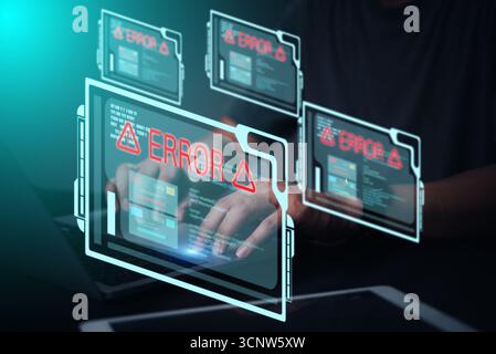 Concetto di errore di sistema, attacco informatico o tecnologia digitale di violazione dei dati. Problemi di sicurezza informatica, hacking, problemi di rete con messaggi di errore e prog Foto Stock