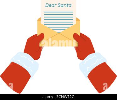 Babbo Natale ha in mano busta e lettera con la lista dei desideri di Natale dei bambini. Corrispondenza di Noel. Carattere delle festività di Capodanno. Messaggio postale. Aski Illustrazione Vettoriale