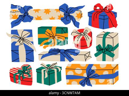 Confezione regalo di Natale, confezione regalo confezionata con set di nastri. Decorazione per feste, regalo, cartolina, festa di Capodanno, compleanno, concetto di invito. Foto Stock