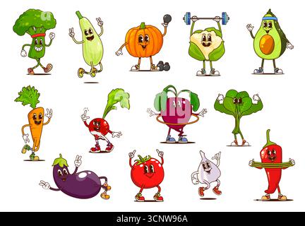 Cartoni animati personaggi vegetali di sport fitness. Broccoli, zucchine, zucca e cavolfiore, avocado, carote, personaggi stravaganti vettoriali di verdure che fanno sport e esercizi di fitness Illustrazione Vettoriale