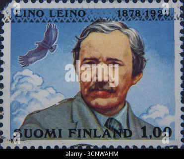 Eino Leino (1878-1926) è stato un poeta finlandese. Ritratto su francobollo finlandese Foto Stock