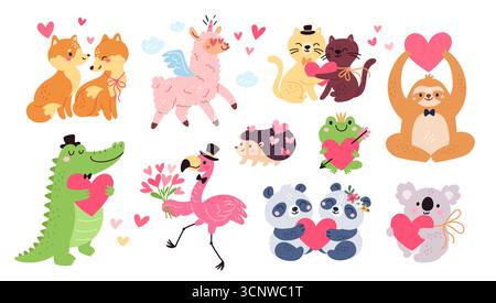 Animali carini con il cuore. Personaggi di San Valentino, mascotte faunistiche, simboli romantici e amorosi, lama, volpe, gatti e panda, simpatico riccio a forma di cartoni animati Illustrazione Vettoriale