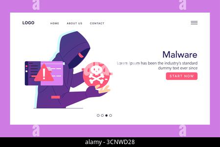 Illustrazione vettoriale di una figura con cappuccio che rilascia malware, simboleggiata da un'icona del cranio e da segnali di avvertimento. Questa immagine mette in evidenza le minacce informatiche, sottolineando i rischi per la sicurezza digitale. Illustrazione Vettoriale