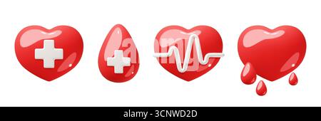 cuori medici 3d. Simboli di salute lucidi volumed con croce convessa bianca, segni a impulsi, icone rosse cardio, ambulanza cardio, donare sangue, cardiologo Illustrazione Vettoriale