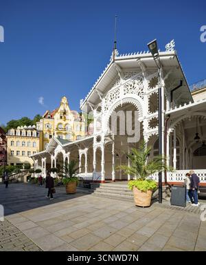 Colonnato di mercato in stile svizzero, spa, sorgente di guarigione, salute, minerale, acqua minerale, malattia, Karlovy Vary, Boemia, Repubblica Ceca Foto Stock