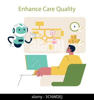Illustrazione vettoriale che mostra una persona che interagisce con un computer. Un robot IA amichevole aiuta a ottimizzare la qualità della cura. I grafici e le icone rappresentano l'efficacia e l'efficienza. Illustrazione Vettoriale