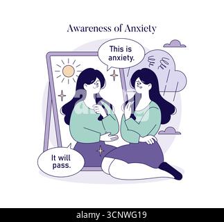 Illustrazione vettoriale che raffigura una donna che riflette sull'ansia. Il personaggio si siede tranquillamente, guardando in uno specchio con affermazioni positive che affrontano l'ansia. Incoraggia la consapevolezza della salute mentale. Illustrazione Vettoriale