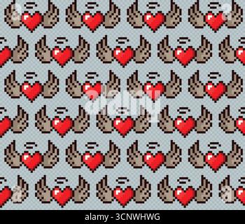 Sfondo pixel fluido con cuori alati. Illustrazione Vettoriale