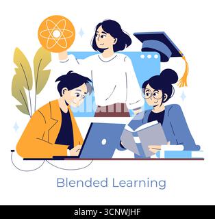 Illustrazione vettoriale del concetto di apprendimento misto che mostra tre persone impegnate in attività educative collaborative. Una persona usa un notebook, un'altra legge un libro e un terzo ha un simbolo educativo, sottolineando il lavoro di squadra e l'innovazione. Illustrazione Vettoriale