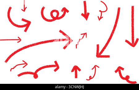Set di frecce rosse disegnate a mano Vector: Raccolta frecce di schizzo curve, ondulate, a spirale e direzionali, set di frecce rosse Illustrazione Vettoriale