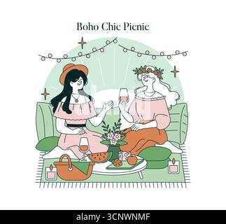 Illustrazione di un veicolo da picnic con due amici che si godono bevande e spuntini all'aperto. La scena include elementi decorativi come cuscini, fiori e luci a corda, che creano un'atmosfera rilassata. Illustrazione Vettoriale