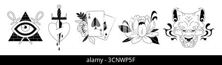 I tradizionali disegni dei tatuaggi della vecchia scuola con occhio piramidale, cuore di pugnale, tessere d'asso e loto fioriscono in inchiostro nero. Maschera ornata per animali nella collezione flash art per uno stile vintage o una classica body art. Illustrazione Vettoriale