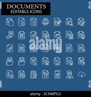 Titolo: Consente di documentare il set di icone Web in stile linea. Raccolta icone lineare documenti. Contenente documenti contrattuali, cartelle, certificati, accettare, approvare, c Illustrazione Vettoriale