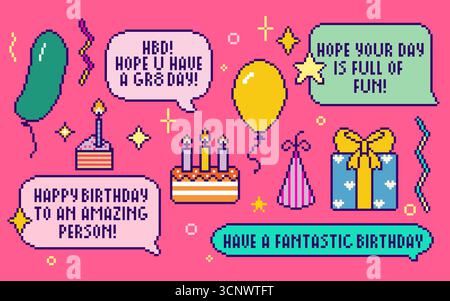 Elementi per festeggiare il compleanno dei pixel con torte retrò a 8 bit, palloncini, confezione regalo e decorazioni per feste su sfondo rosa brillante. Grafica in stile gaming nostalgico per schede o inviti digitali. Illustrazione Vettoriale
