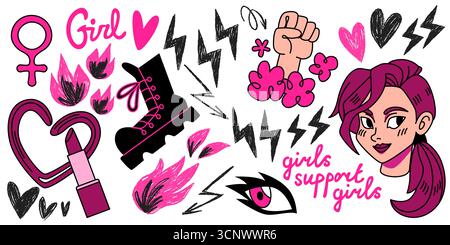 Adesivo femminile Empowerment con estetica y2k in stile doodle: Simboli femministi, pugno rialzato, stivaletto con plateau e ritratto del personaggio. Illustrazioni moderne per movimenti sociali o contenuti digitali. Illustrazione Vettoriale