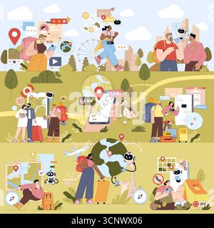 Illustrazione vettoriale che mostra le persone che interagiscono con le app di viaggio e social media, con navigazione, interazione sociale e pianificazione. Elementi come mappe, smartphone e punti di riferimento sottolineano i temi di viaggio moderni. Illustrazione Vettoriale