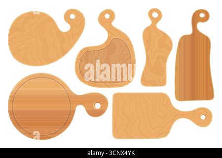 Collezione di taglieri in legno. Set di taglieri rustici disegnati a mano con forme rotonde, ovali e inclinabili. Sei diversi taglieri in legno. Illustrazione Vettoriale