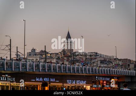 Torre Galata e Ponte Galata al tramonto, Istanbul, Turkiye Foto Stock