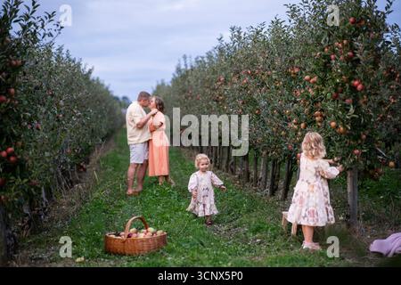 Una famiglia allegra trascorre del tempo di qualità in un meleto, raccogliendo mele mature e godendosi l'aria fresca. La scena cattura l'amore, il legame e la natura" Foto Stock