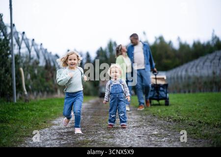 Una famiglia allegra ama trascorrere una giornata in un meleto. I bambini corrono lungo un percorso rustico, incarnando l'emozione e la felicità di una riunione di famiglia in na Foto Stock