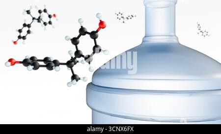 Rendering 3d della struttura chimica di bisfenolo A o molecola di BPA con un grande gallone d'acqua di plastica un tipico gallone d'acqua riutilizzabile. Foto Stock