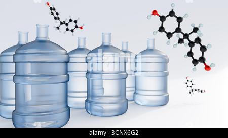 Rendering 3d della struttura chimica di bisfenolo A o molecola di BPA con un grande gallone d'acqua di plastica un tipico gallone d'acqua riutilizzabile. Foto Stock