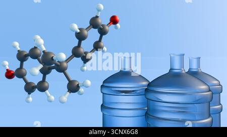 Rendering 3d della struttura chimica di bisfenolo A o molecola di BPA con un grande gallone d'acqua di plastica un tipico gallone d'acqua riutilizzabile. Foto Stock