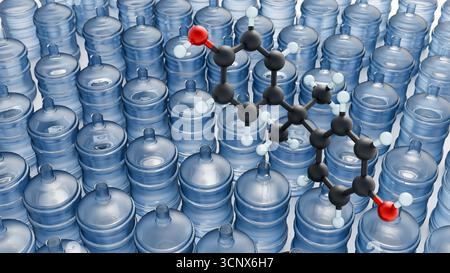 Rendering 3d della struttura chimica di bisfenolo A o molecola di BPA con un grande gallone d'acqua di plastica un tipico gallone d'acqua riutilizzabile. Foto Stock