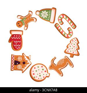Biscotti di pan di zenzero natalizio con cornice circolare che include uomo, guanti, albero, casa, canna da zucchero e renne a forma di glassa in stile cartone animato. Illustrazione Vettoriale