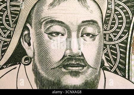 Gengis Khan un ritratto di primo piano dai soldi mongoli, Tugrik Foto Stock