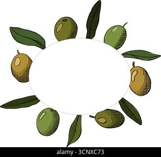Ghirlanda di foglie di ulivo e frutti di bosco. Modello di telaio ovale. Illustrazione colorata con inchiostro a linee grafiche vettoriali. per l'invito al banner della scheda menu. Cerchio dei vincitori greco Illustrazione Vettoriale