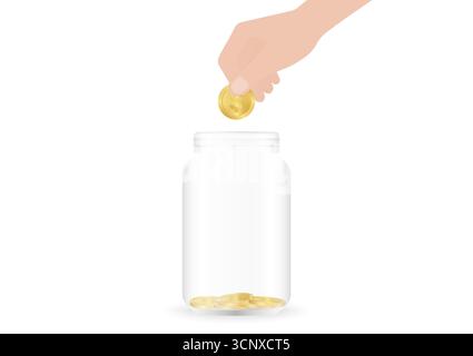Mano a mettere la moneta nel vaso dei soldi. Vaso di vetro con monete. Concetto di crescita del denaro, risparmio e investimenti. Illustrazione Vettoriale