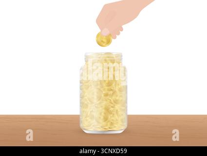 Mano a mettere la moneta nel vaso dei soldi. Vaso di vetro con monete. Concetto di crescita del denaro, risparmio e investimenti. Illustrazione Vettoriale