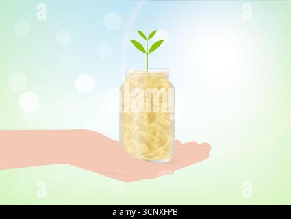 A mano che tiene il vaso o la bottiglia. Concetto di crescita del denaro, risparmio e investimenti. Illustrazione vettoriale. Illustrazione Vettoriale