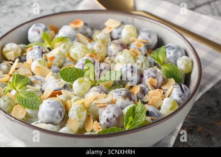 Insalata di uva Sultana con scaglie di mandorle, menta, yogurt greco e condimento di formaggio spalmabile in un piatto sul tavolo. Orizzontale Foto Stock