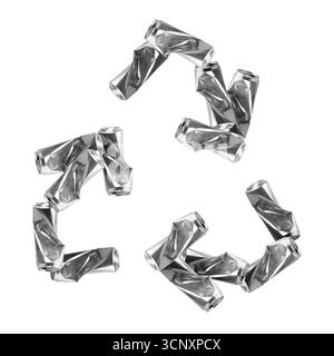 Simbolo di riciclaggio. Frecce di inseguimento fatte di lattine schiacciate su sfondo bianco Foto Stock