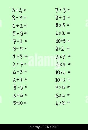 Semplice foglio di lavoro matematico con problemi di addizione, sottrazione, moltiplicazione e divisione su sfondo verde chiaro. Attività didattica di matematica Illustrazione Vettoriale