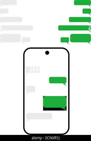 Telefono cellulare con bolle di chat e voce separata su sfondo bianco. Interfaccia di chat mobile. Schermo dello smartphone con bolle di messaggio Illustrazione Vettoriale