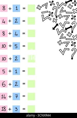 Semplice foglio di lavoro matematico per bambini con quadrati colorati e simboli astratti nell'angolo. Attività didattica di matematica Illustrazione Vettoriale