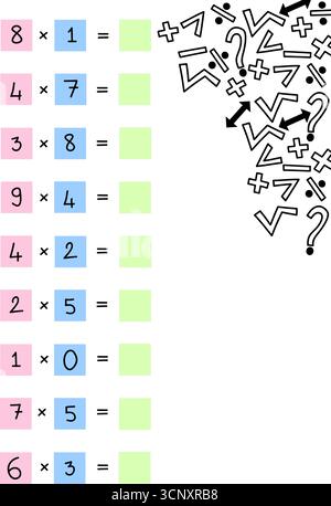 Semplice foglio di lavoro di moltiplicazione per bambini con simboli matematici disegnati a mano e punto interrogativo su sfondo bianco. Attività didattica di matematica Illustrazione Vettoriale