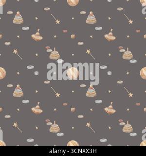 Giocattoli in legno con motivo ad acquerello, piano girevole, piramide, stelle. Illustrazione disegnata a mano in stile vintage infantile. Stampa senza cuciture su grigio scuro Foto Stock