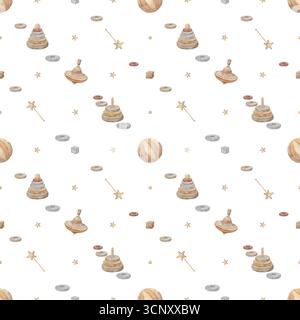 Giocattoli in legno con motivo ad acquerello, piano girevole, piramide, stelle. Illustrazione disegnata a mano in stile vintage infantile. Stampa senza interruzioni isolata sullo sfondo Foto Stock