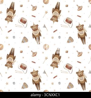 Fantasia di orsi d'epoca, orsi di peluche, giocattoli, top rotante, piramide, tamburo, palla, cubi, stelle. Illustrazione disegnata a mano in stile infantile Foto Stock