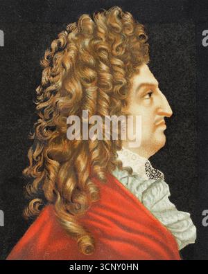 Luigi XIV, noto come "il Re Sole" (1638-1715). Re di Francia (1643-1715). Verticale. Litografia di Urrabieta basata su un dipinto dell'artista francese Antoine Benoist (1632-1717), 1706. Cromolitografia. XVI siècle: lettres, Sciences et Arts, France 1590-1700 (XVII secolo: Lettere, scienze e arti), di Paul Lacroix. Pubblicato a Parigi da Librairie de Firmin-Didot et Cie, 1882. Foto Stock